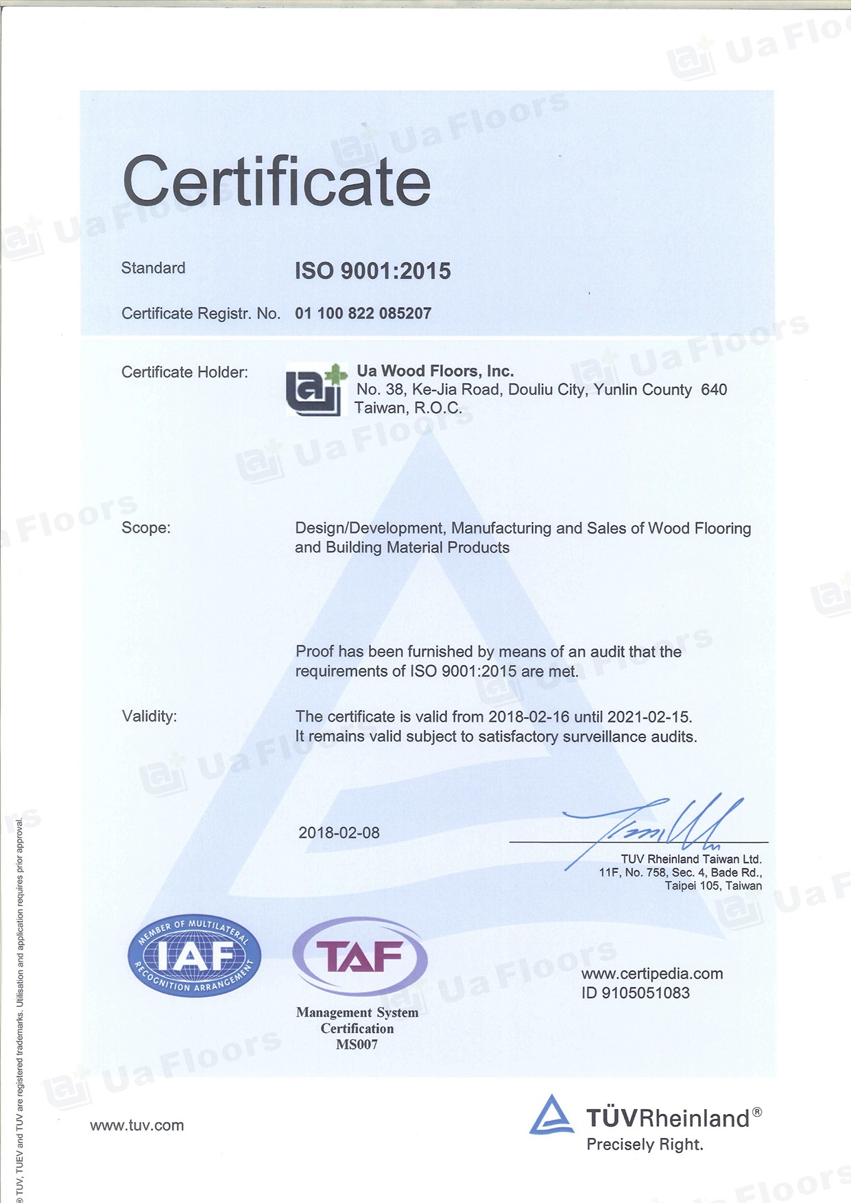 Ua Floors ISO 9001:2015 certification