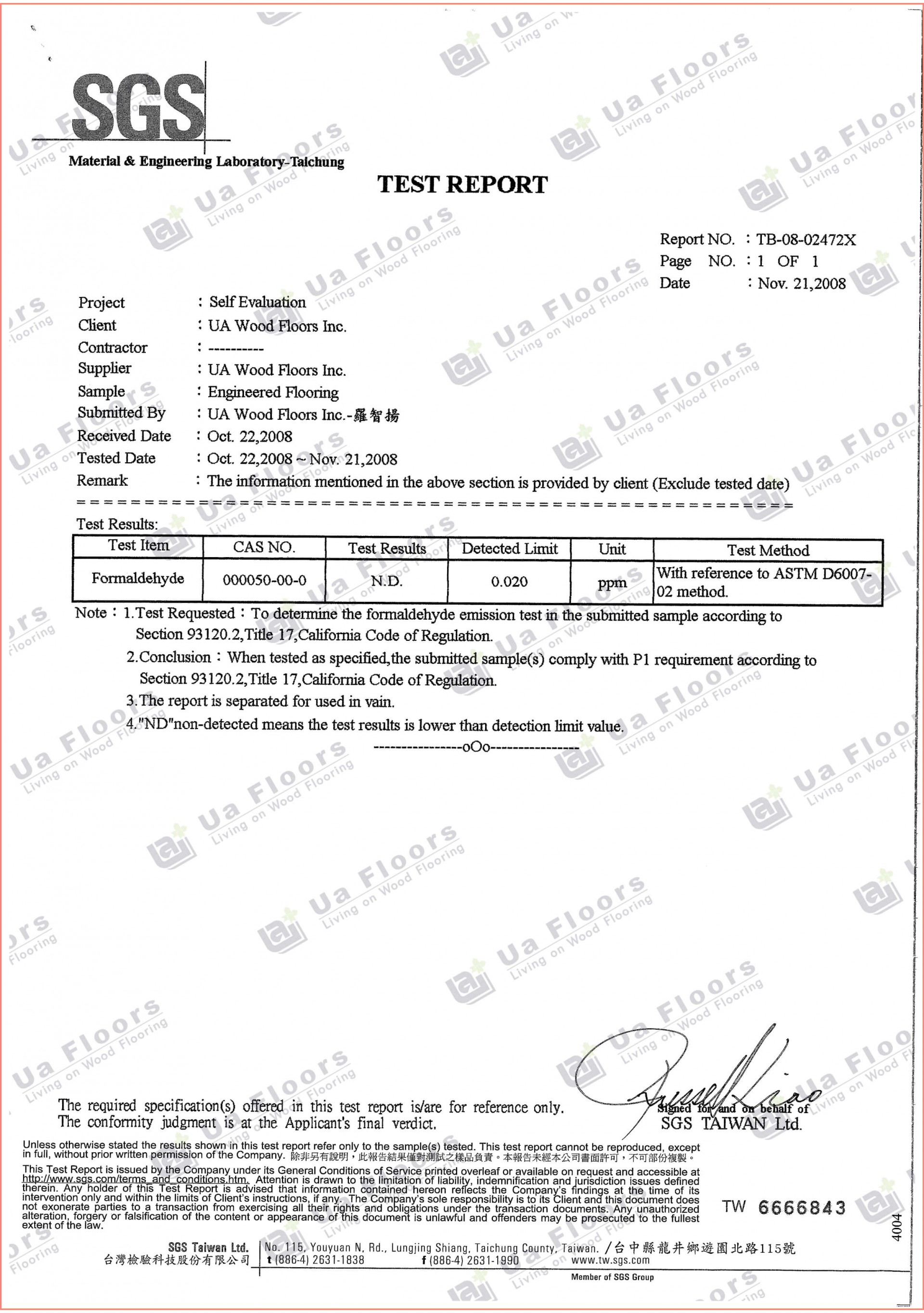 Ua Floors Hardwood flooring Formaldehyde Testing result