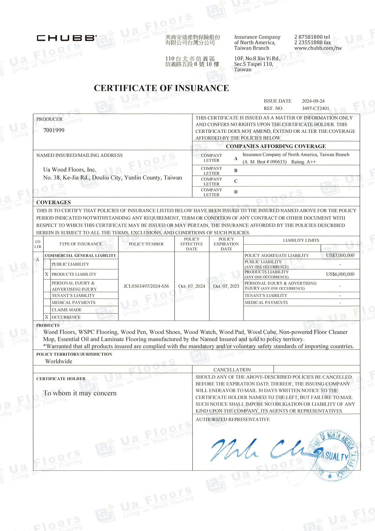 Ua Floors - CERTIFICATE OF INSURANCE